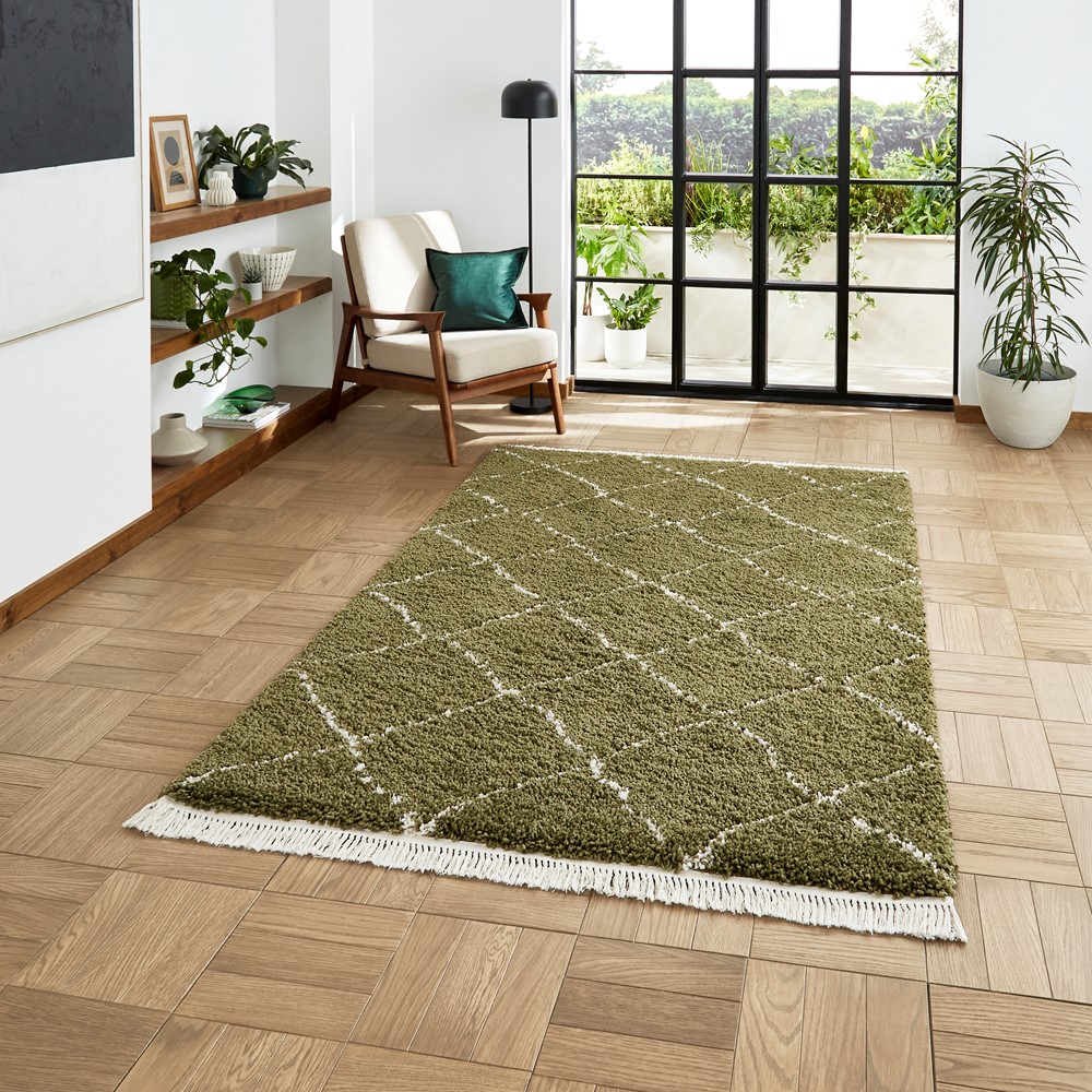 Boho 5413 Berber Shaggy Modern Rugs in Green